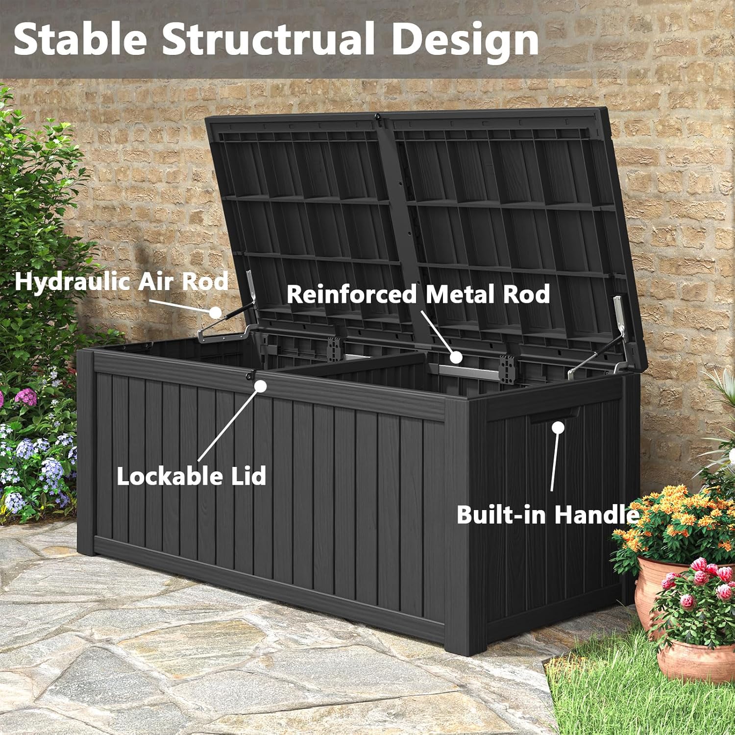 Outdoor Storage Box, 180 Gallon Deck Box, Waterproof and UV Resistant Large Resin Storage Bin, Organization and Storage for Patio Furniture, Outdoor Cushions, Garden Tools, Lockable-VerdiqueGarden