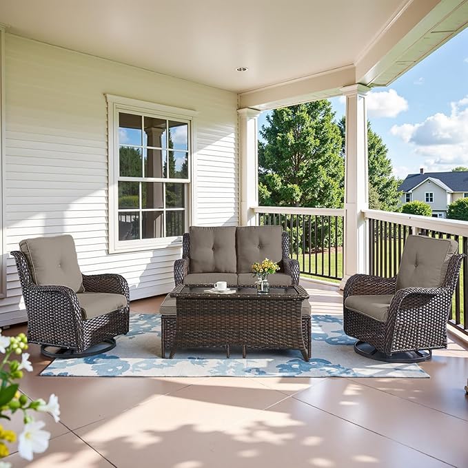 Wicker Outdoor Furniture Patio Furniture Set - 6 Piece Patio Conversation Set with Swivel Rocker Chairs, Loveseat Sofa, Ottomans and Coffee Table, Gray Cushion-VerdiqueGarden