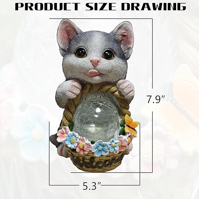 Solar Cat Garden Outdoor Statues,Resin Cat Figurine Carrying Flower Basket and Magic Orb with Solar LED Lights, Lawn Decor Outdoor Statue for Patio, Balcony, Yard Ornament,Gifts for Mom-VerdiqueGarden