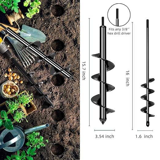Garden Auger Drill Bit for Planting Set-1.6x16‘’ & 3.54x15.7'',Ground Earth Spiral Drill Bit for 3/8" Hex Drive Drill, Yard Auger Drill for Bulbs Planting, Hole Digger Flowers,Umbrella Holes-VerdiqueGarden
