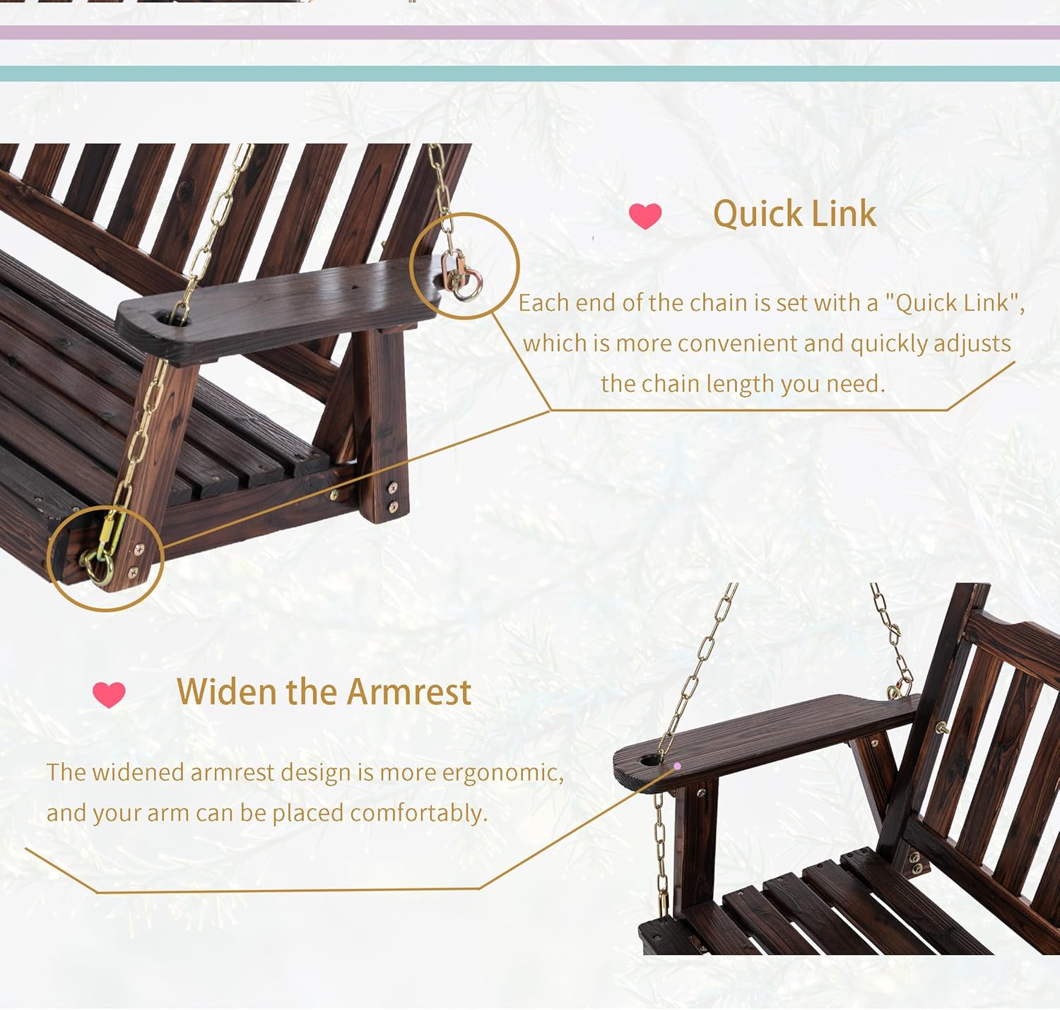 Anraja Wooden Porch Swing 2-Seater, Bench Swing with Hanging Chains, Heavy Duty 800 LBS, for Outdoor Patio Garden Yard, 4 Ft, Brown-VerdiqueGarden