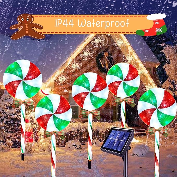 10 Packs Christmas Pathway Lollipop Lights with Bow Tie Solar Powered Outdoor Waterproof Xmas Candy Cane Path Landscape Decorative Stake Lights 2 Solar Panel + 10 Lights-VerdiqueGarden