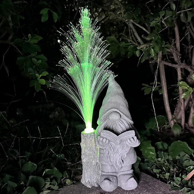 Gnomes Statue Solar Garden Decor,Resin Gnome Statues and Colour Changing Optical Fiber Solar Lights,Outdoor Decoration for Balcony, Garden, Patio, Yard, Lawn, Gifts for Mom Grandma-VerdiqueGarden