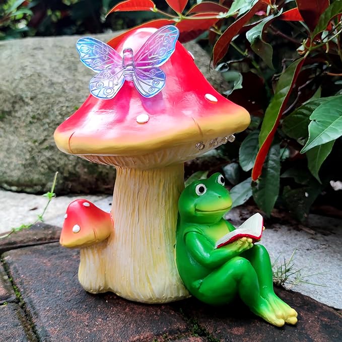 Solar Frog Mushroom Garden Statues,Resin Frog Mushroom Reading a Book Figurine with LED Solar Lights, Lawn Decor Outdoor Statue for Patio,Balcony,Yard,Lawn Ornament-VerdiqueGarden