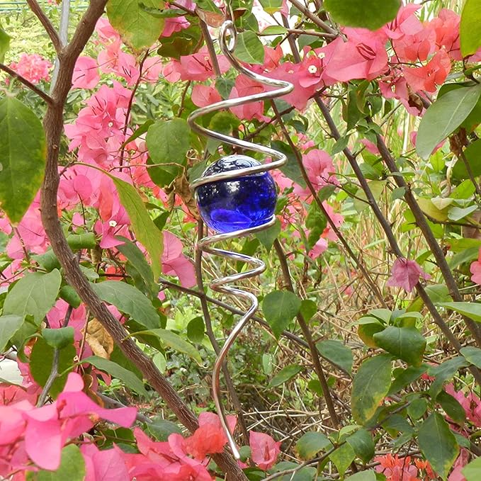 FONMY Gazing Ball Spiral Tail -Decorative Wind Spinner 11" inch Tail and 2" inch Blue Glass Orb. Indoor Outdoor Garden Decoration -13 inch Height-VerdiqueGarden