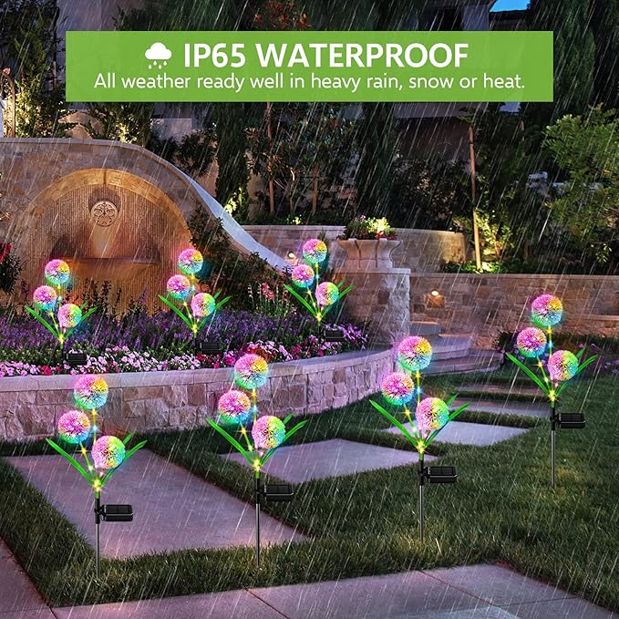4 Pack Solar Garden Lights Outdoor Decor, New Version 12 Glowing Dandelion Lights & Stems with 144 Colorful LED, 2 Modes Control Solar Lights Outdoor Waterproof IP65 for Yard, Lawn, Pathway-VerdiqueGarden