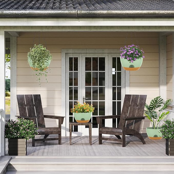 12 Inch Hanging Baskets 2 PC with Chains, Self-Watering Hanging Planters for Indoor Outdoor Plants, Plastic Hanging Flower Pots,Green Brown-VerdiqueGarden