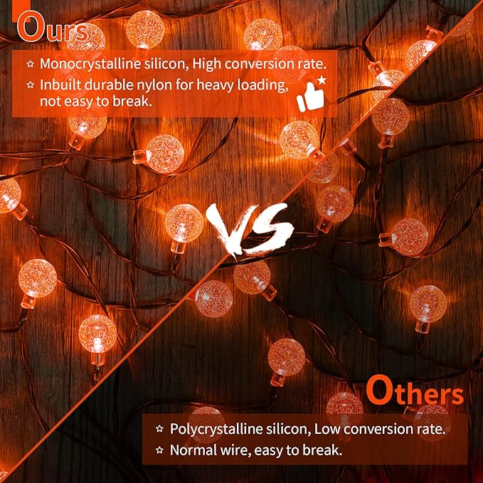 Solar Halloween String Lights Outdoor 60 LED 36 Feet Crystal Globe String Lights with 8 Lighting Modes, Waterproof Solar Powered Patio Lights for Garden Yard Porch Decor (Orange)-VerdiqueGarden