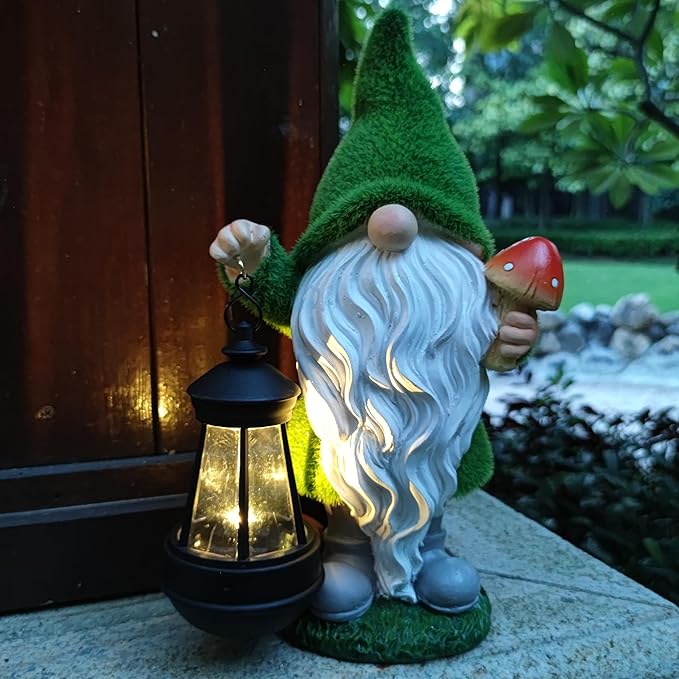 Solar Gnomes Garden Statues,Resin Gnome Figurine Holding Mushroom and Solar Lights Lantern,Outdoor Yard Art Decorations for Garden Patio Lawn-VerdiqueGarden