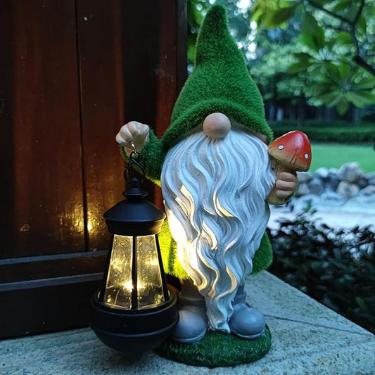 Solar Gnomes Garden Statues,Resin Gnome Figurine Holding Mushroom and Solar Lights Lantern,Outdoor Yard Art Decorations for Garden Patio Lawn-VerdiqueGarden
