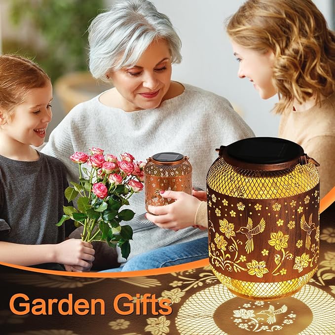 Hummingbird Solar Lanterns Outdoor Waterproof Garden Decor Birthday Gifts for Women Mom Grandma, Hanging Solar Lights Metal Lantern Decoration Outside for Yard, Patio, Backyard, Porch-VerdiqueGarden