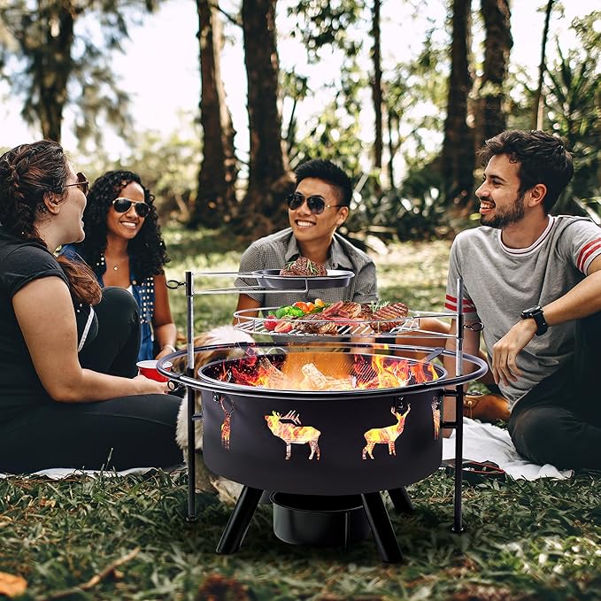 NATURAL EXPRESSIONS 32 Inch Large Fire Pit with 2 Grills, Outdoor Wood Burning Fire Pit with Cooking Grate, Lid, Poker and Round Waterproof Cover for Patio, Ourside, Bonfires, Picnic, Party.-VerdiqueGarden