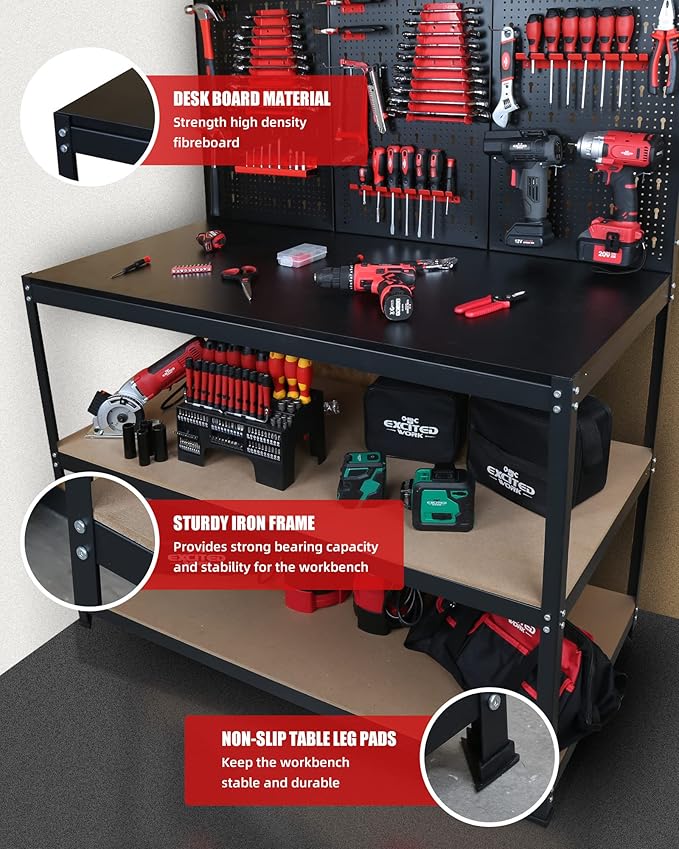 48inch Workbench with Peg Board, Multipurpose Tool Organizer and Work Bench with Double Storage Platform, Workbench in Garage Workshop (48" x 24" x 61")-VerdiqueGarden