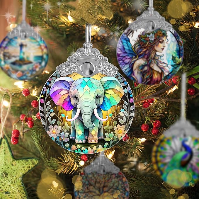 Stained Glass Suncatcher, Jocidea Elephant Ornament, Christmas Ornaments, Holidays Ornaments, Christmas Tree Decor, Elephant Decor for Home, Elephant Gifts-VerdiqueGarden