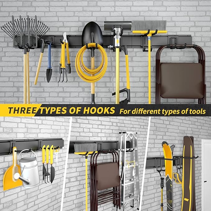 64 Inches Garage Storage, Garage Organization, Wall Mount Garden Tool Organizer, Max 620lbs Adjustable Metal Hooks, Yard Shed Rack, Tool Holder for Hanging Rake Broom Mop Snowboard, Home Gift-VerdiqueGarden
