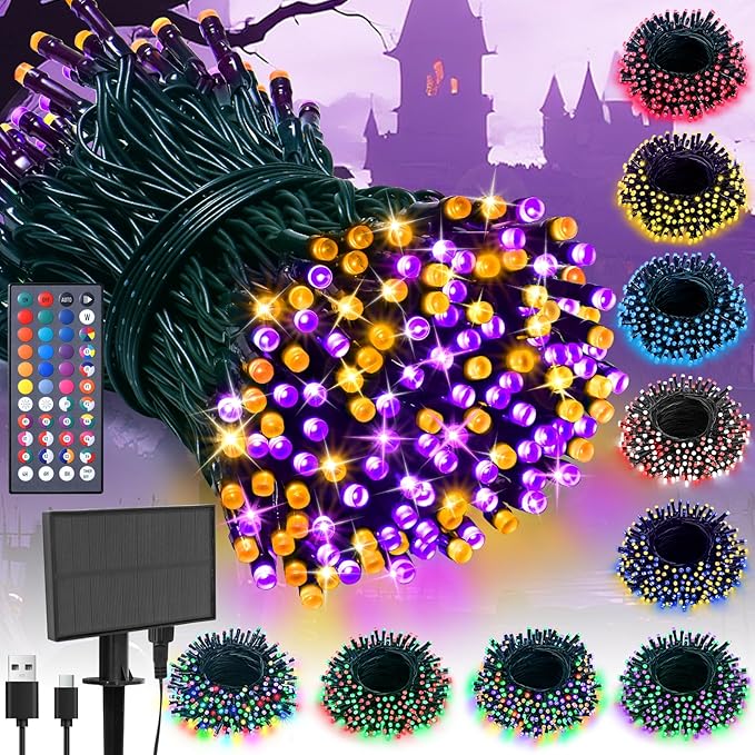 LitHome 100LED Solar Christmas Lights Outdoor, 33FT 34Colors Solar/USB String Lights Waterproof with Remote, 102 Modes Color Changing Halloween String Light Dimmable for Indoor Xmas Tree Party Decor-VerdiqueGarden