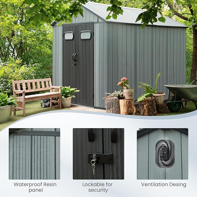 Domi 8x12 FT Outdoor Resin Storage Shed, All-Weather Double-Wall Storage Building for Backyard, Garden, Lawn Tools, Mower, Bike & Pool Equipment, Lockable Doors, Ventilated Roof, Grey-VerdiqueGarden