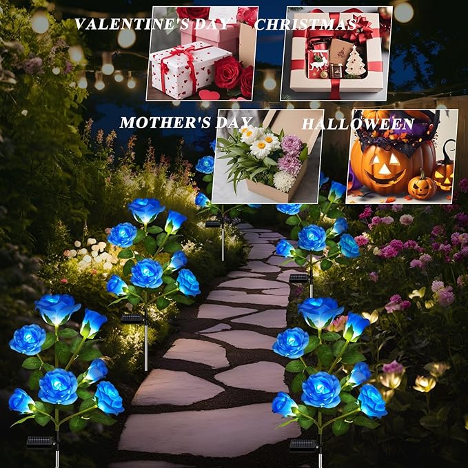 DWH 2 Pack Solar Garden Lights Outdoor, 7-Flower Rose LED Stake Light for Yard Patio Pathway Lawn Fence Cemetery, Blue-VerdiqueGarden