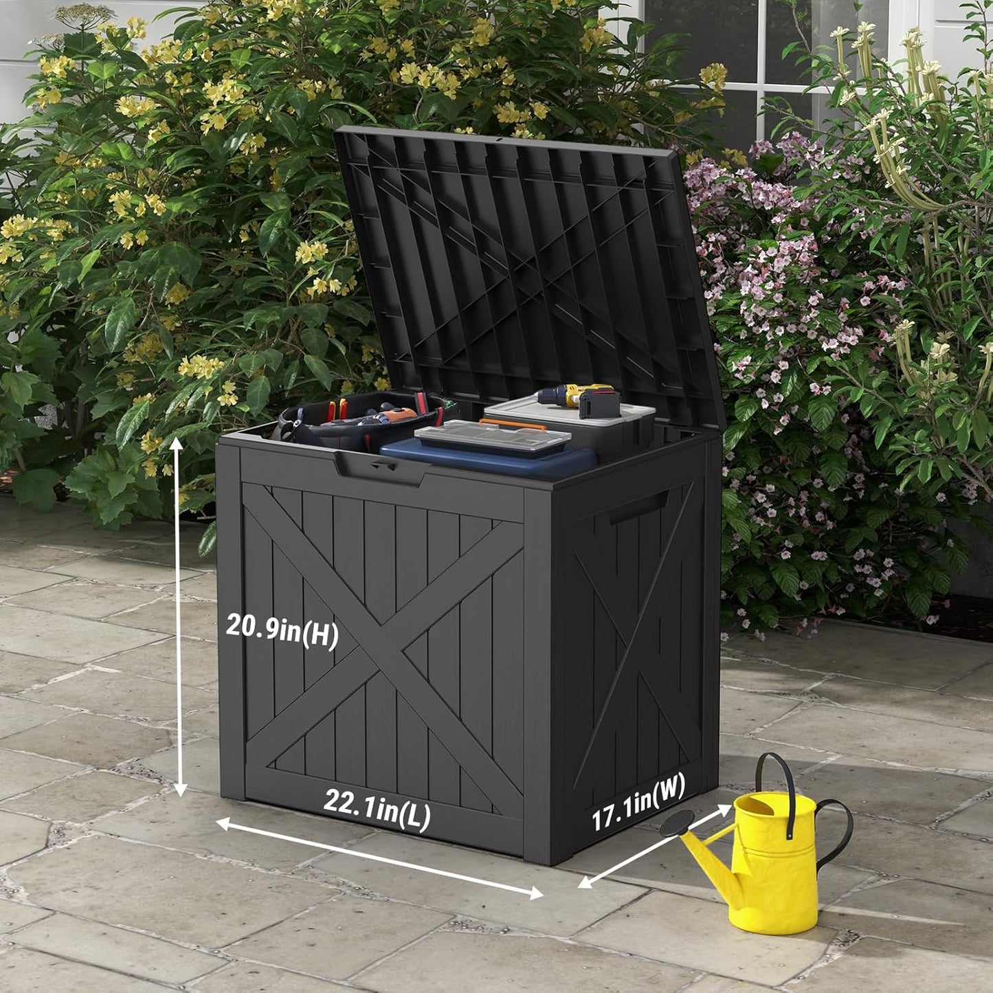 Mars Villa 31 Gallon Deck Box, Outdoor Storage Box Waterproof, Outside Resin Storage Bin for Outdoor Patio Furniture Cushions, Pool Supplies, Garden Tools, UV-Resistant and Weatherproof, Black Barn-VerdiqueGarden