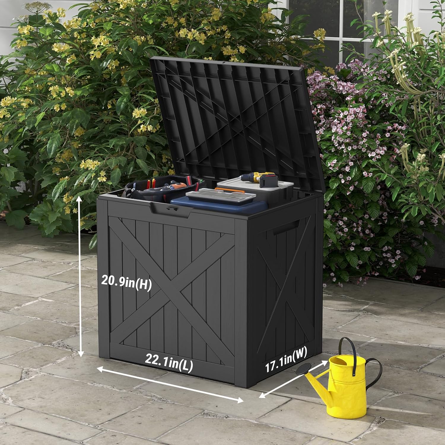 Mars Villa 31 Gallon Deck Box, Outdoor Storage Box Waterproof, Outside Resin Storage Bin for Outdoor Patio Furniture Cushions, Pool Supplies, Garden Tools, UV-Resistant and Weatherproof, Black Barn-VerdiqueGarden