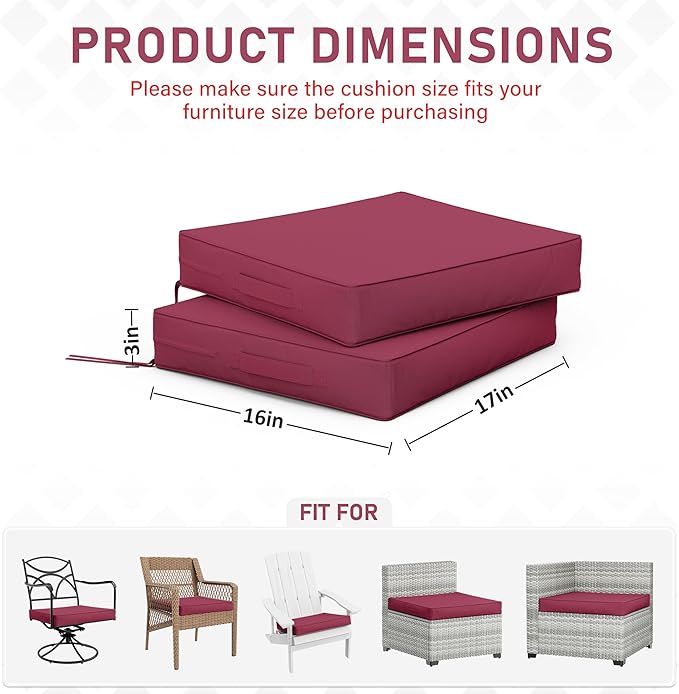 Patio Chair Cushions 17 X 16 X 3 Inch Waterproof Outdoor Seat Cushions for Patio Furniture, Outdoor Sofa Couch Pads with Ties & Handle, Set of 2, Fuchsiared-VerdiqueGarden
