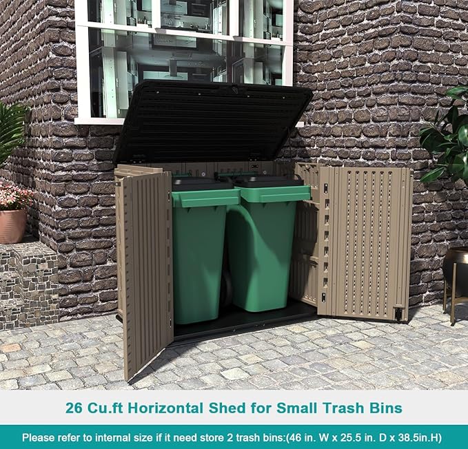 KINYING Outdoor Storage Shed - Horizontal Storage Cabinet Waterproof for Garden, Patio, Backyard, Storage Box for Easy Storage of Garbage Cans, Tools, Lawn Mower, 35 Cubic Feet,Dark Brown-VerdiqueGarden