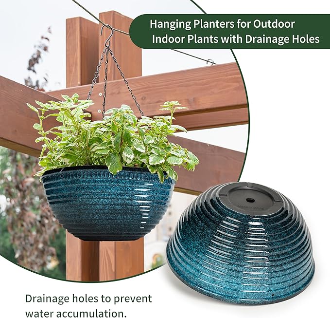 12 inch Hanging Planters for Indoor Outdoor Plants, 2 Pack Large Hanging Flower Pots with Drainage Holes and Chain, Glazed Hanging Baskets for Home Garden Decoration, Blue-VerdiqueGarden