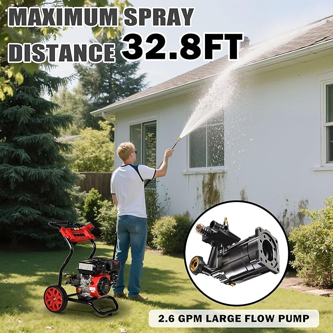 Gas Pressure Washer, 3950 PSI and 2.6 GPM, 7HP Engine with Copper Pump, 25FT Hose and Foam Cannon, 4 Nozzles, for Cars, Driveways, Fences-VerdiqueGarden