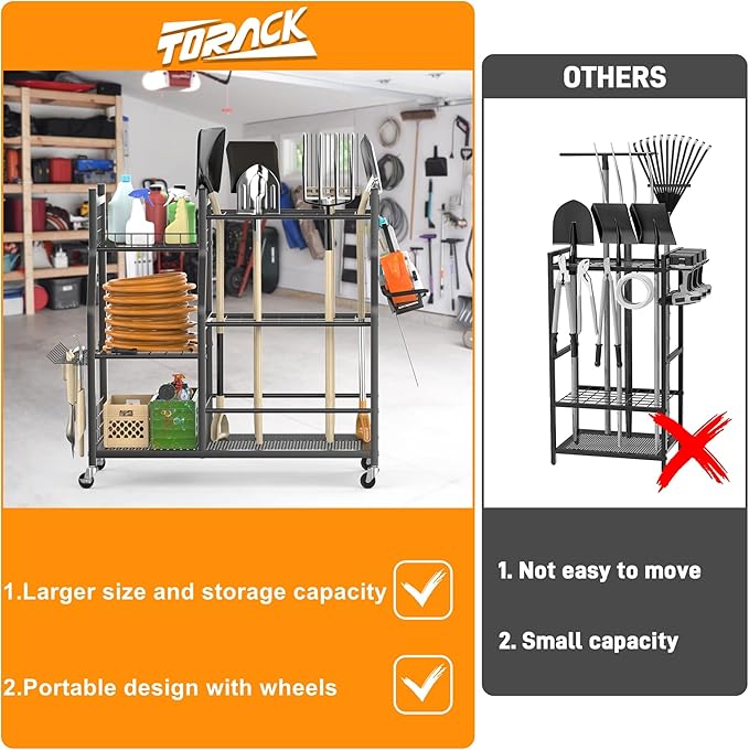 TORACK Garden Tool Organizer with Wheels, Rakes Shovels Yard Tools Stand for Garage, Shed, Garden, Indoor/Outdoor Long-Handled Tools Cart-VerdiqueGarden