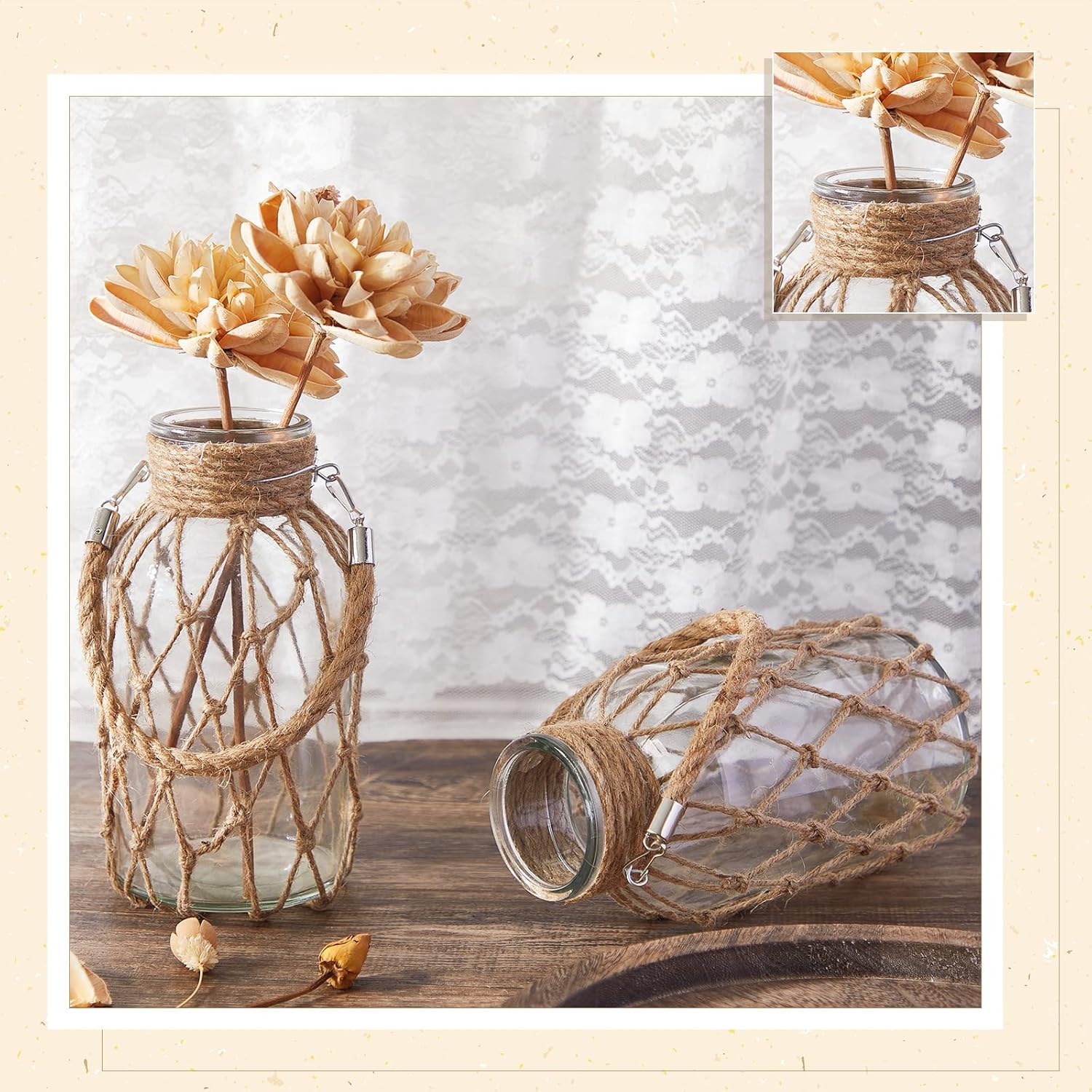 Set of 4 Rope Net Dry Flower Glass Vase 7.9 x 4 Inches Wicker Farmhouse Vase Coastal Decor for Wedding Tables Home Rustic Hanging Mason Jar Rope Wrapping Decorative Bottles Nautical Decor-VerdiqueGarden