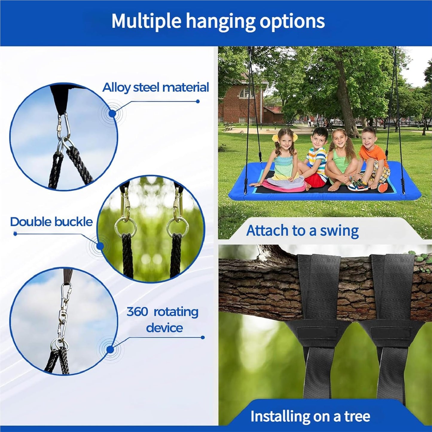 60-Inch Heavy-Duty Rectangle Platform Swing for Backyards - 700lb Capacity Waterproof Outdoor, Kids & Adults Tree Swing (Blue)-VerdiqueGarden