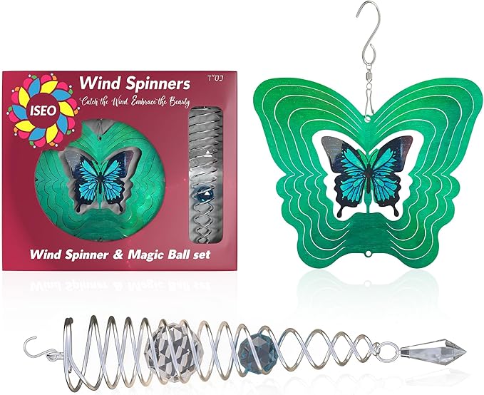 ISEO Butterfly Wind Spinner and Gazing Ball Set, Metal Wind Spinner Garden Decor, Hanging Garden Decorations, Weather-Resistant Outdoor Wind Spinners, 6.5" Spinner Garden Décor-VerdiqueGarden