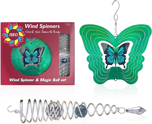 ISEO Butterfly Wind Spinner and Gazing Ball Set, Metal Wind Spinner Garden Decor, Hanging Garden Decorations, Weather-Resistant Outdoor Wind Spinners, 6.5" Spinner Garden Décor-VerdiqueGarden