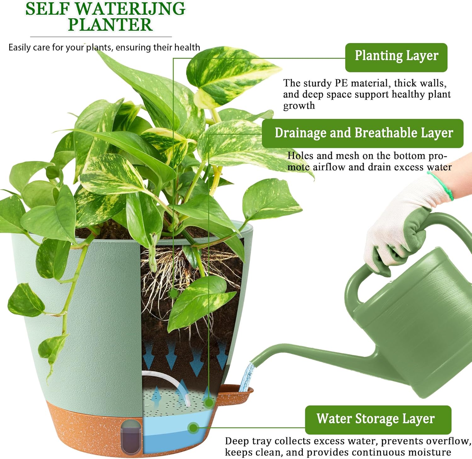 2 Pack 8 Inch Pots for Plants Indoor, Plastic Self Watering Planters with Drainage Holes, Water Level Indicator & Deep Reservoir, Decorative Flower Pots Indoor Outdoor Use (Green-VerdiqueGarden