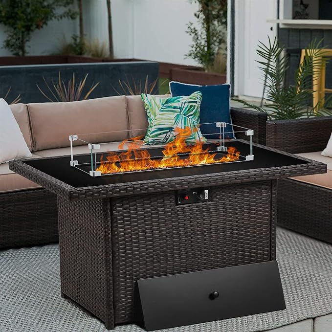 Propane Fire Pit Table,44 Inch 55000 BTU Outdoor Gas Fire Pit Rectangular with Glass Wind Guard for Outside Patio Deck (Brown-Glass Top)-VerdiqueGarden
