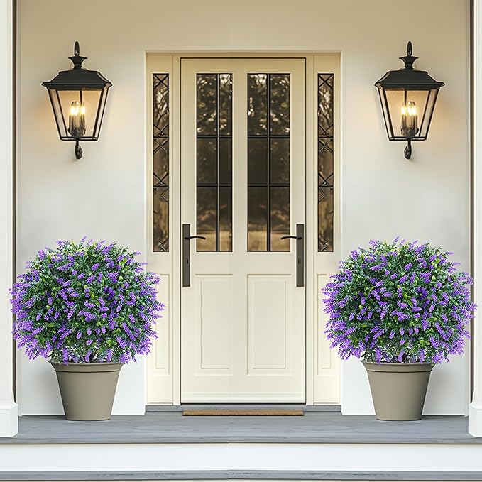 Artificial Boxwood Topiary Ball with Lavender, Set of 2 Artificial Shrub Bushes with Ground Spike, Fake Evergreen Tree for Porch, Artificial Plants for Outdoor Planters Indoor UV Resistant-VerdiqueGarden