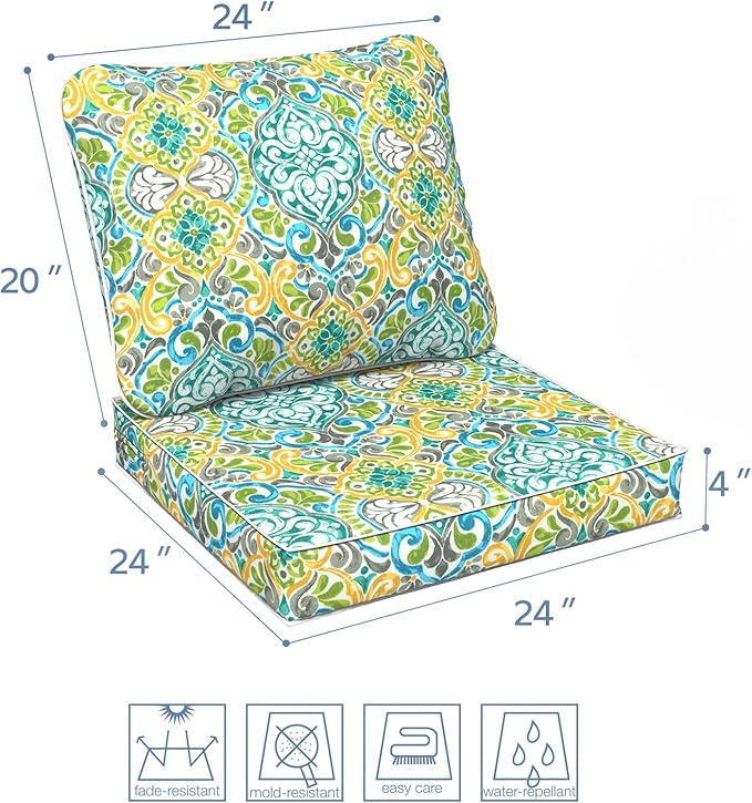 LVTXIII Outdoor Deep Seat Cushion Patio Seat and Back Cushion Set Seasonal Chair Cushion for Dining Arm Chairs, Wicker Chairs and Garden Furniture Decoration, 24"x24"x4", Damask Green-VerdiqueGarden