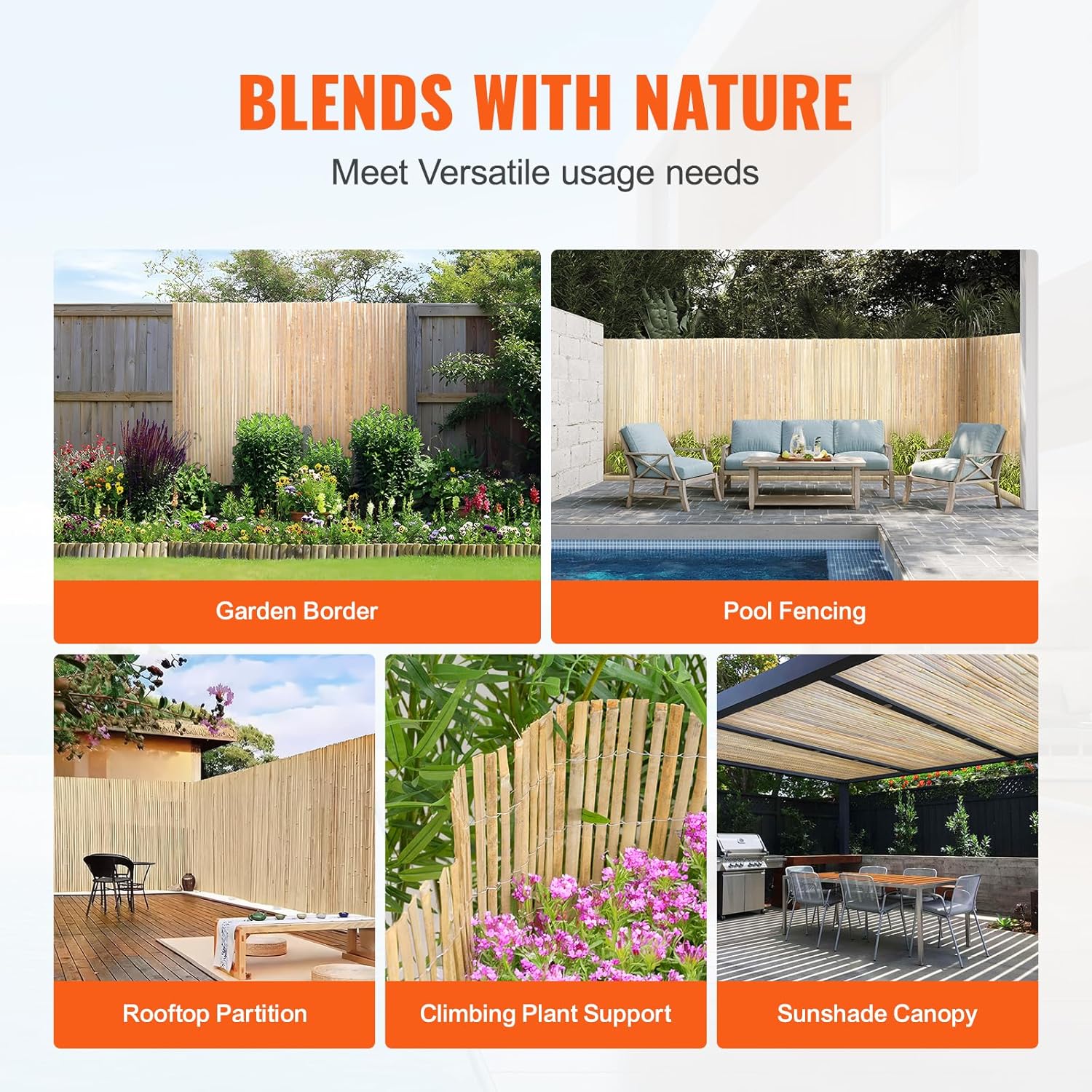 VEVOR Natural Bamboo Privacy Fence Screen, Eco-Friendly Decorative Bamboo Slat Fence, 6 ft H x 16 ft L Panel, for Garden, Backyard, Balcony, Patio, Pool Side-VerdiqueGarden