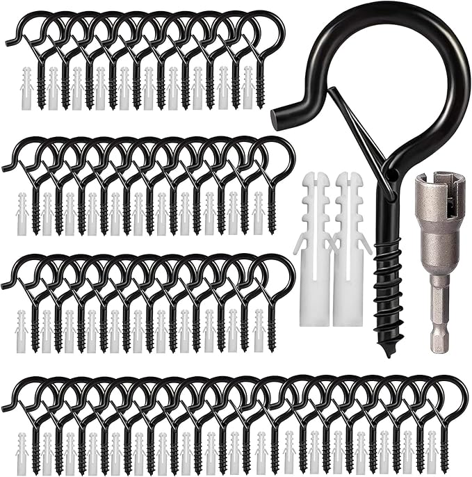 Hooks for Outdoor String Lights, 52 Pack Screw Hooks for Hanging Plants Led Party Lights Garage Wind Chimes, Black Heavy Duty Q Hanger Ceiling with Safety Buckle, Box and Wing Nut Driver-VerdiqueGarden