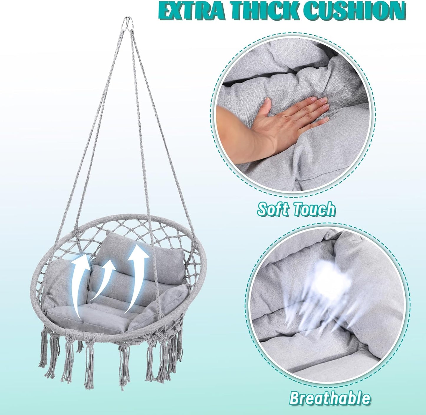 Macrame Hammock Hanging Swinging Chair with Medium Cushion, Perfect for Bedroom, Porch, Adults, Balcony, Grey-VerdiqueGarden