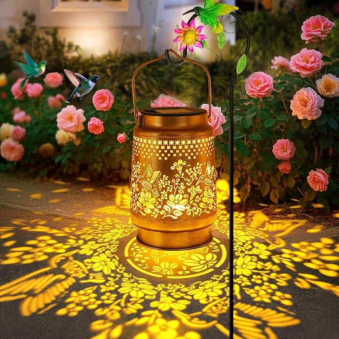 Solar Lanterns Outdoor Hummingbird Garden Decor, Birthday Gifts for Women Mom Grandma Metal Hanging Lantern Lights Waterproof Solar Lights with Shepherd Hook LED Decoration for Garden Yard Patio Lawn-VerdiqueGarden