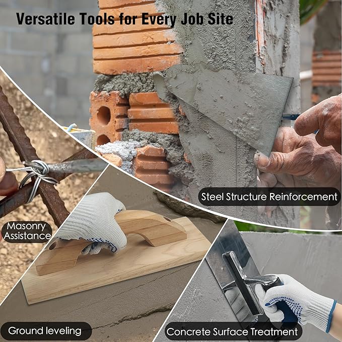 10PCS Concrete Trowel Set, Masonry Hand Tool Set Includes Large Flat Finishing and Pool Trowel, Wood Float, Concrete Edger and Groover, Margin Gauging, Wire Twister, Gloves & Carry Bag-VerdiqueGarden
