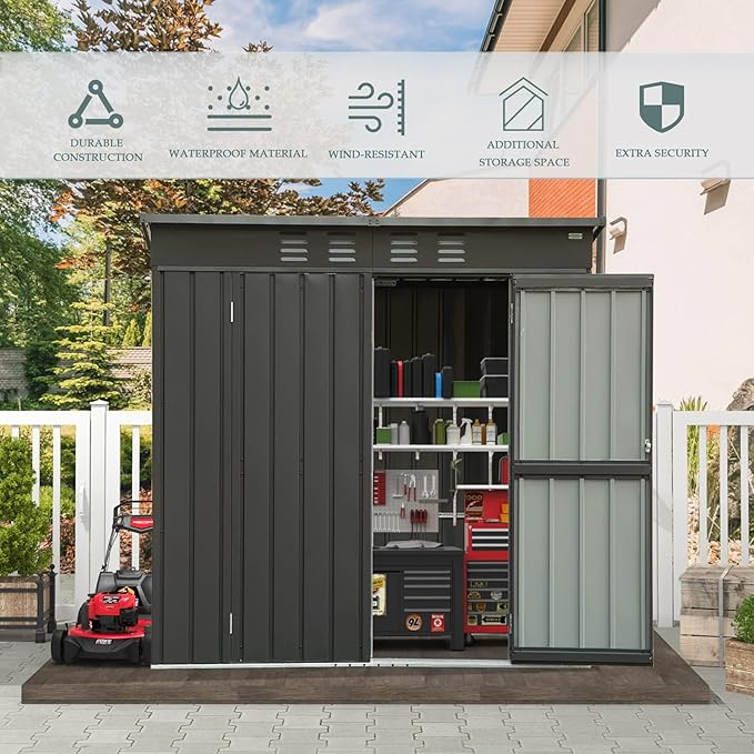 Domi Outdoor Storage Shed 5' x 3’, Metal Garden Shed with Galvanized Steel Frame for Bike, Tools, Lawn Mowers, Pool Toys, Outdoor Storage Cabinet with Lockable Door for Garden Lawn Patio (Dark Grey)-VerdiqueGarden