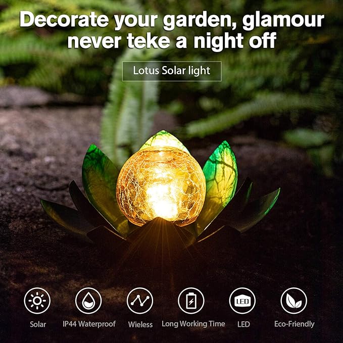 Huaxu Solar Light Outdoor Garden Decor Blue Metal Crackle Globe Glass Waterproof LED Lotus Flower Table Lamp Decorations for Patio Yard Porch Pathway Ground-VerdiqueGarden