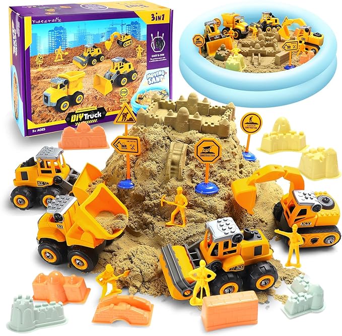Play Construction Sand Kit,2.2lbs Magic Sand W/4 Large Take Apart Construction Trucks,1 Sandbox,8 Worker Figures and Road Signs,8 Molds,Toys for 2-8 Years Old Boys Girls-VerdiqueGarden