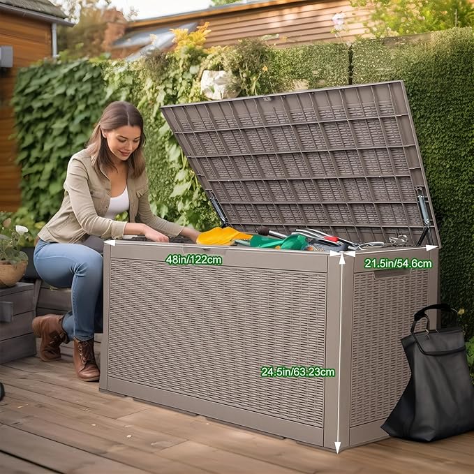 100 Gallon Resin Deck Box, Lockable Patio Outdoor Storage Box for Furniture, Garden Tools and Tools Storage, Waterproof Outside Storage Box - Grey-VerdiqueGarden