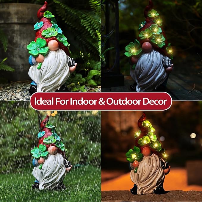 Garden Gnome Statue with Solar Lights Large Sculptures Funny Triple Gnome Outdoor Patio Lawn Yard Garden Decor Gifts for Women Mom 11in Spring Gnomes Outdoor-VerdiqueGarden