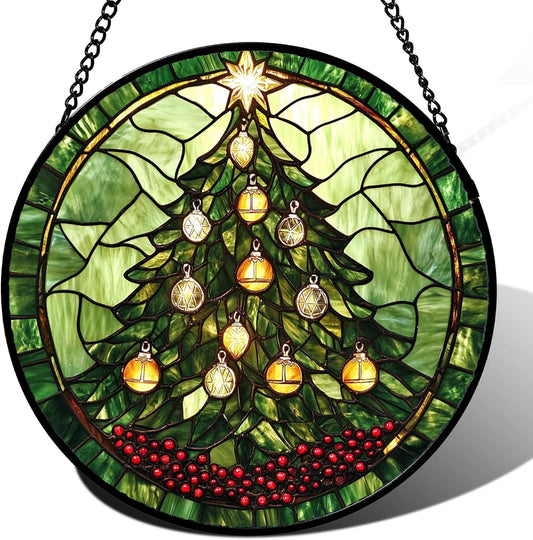 Stained Glass Window Hanging - Green Christmas Tree Golden Bells Suncatcher for Doors Home Christmas Decoration Sun Catcher Thanksgiving New Year Birthday Gift for Women Men Mom Nana 11.8 in-VerdiqueGarden