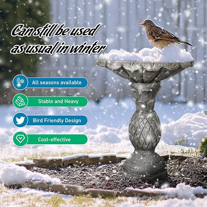 SunJet 24.8 Inch Heigh Concrete Bird Bath with Pineapple Texture – birdbath Sturdy & Elegant Design, Vintage Freestanding Style, Attracts Birds and Enhances Garden, Patio, Yard, Lawn Décor-VerdiqueGarden