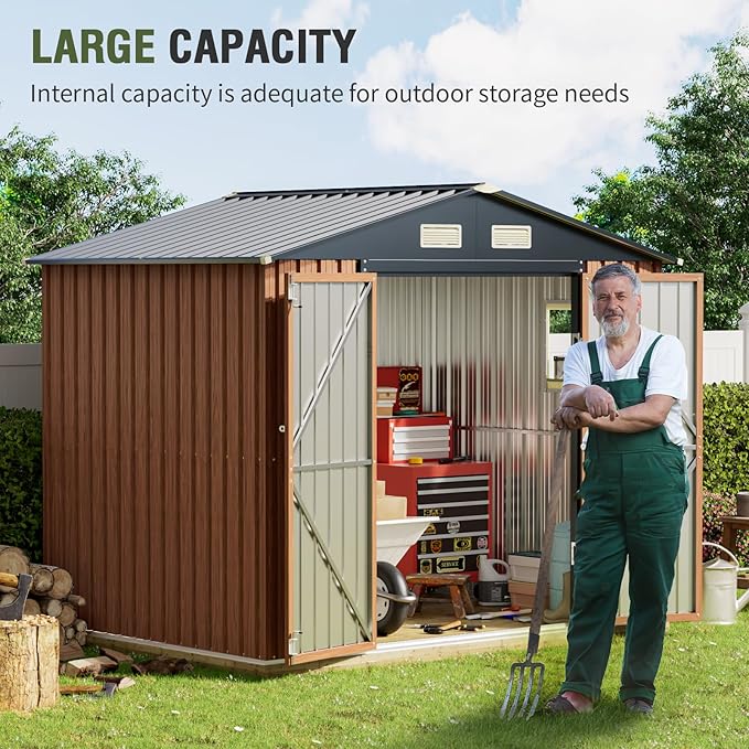 8x6 Ft Storage Shed, Large Outdoor Shed with Window, Lockable Doors, Outside Steel Shed for Garden, Backyard, Lawn, Patio Utility, Tool Storage-VerdiqueGarden